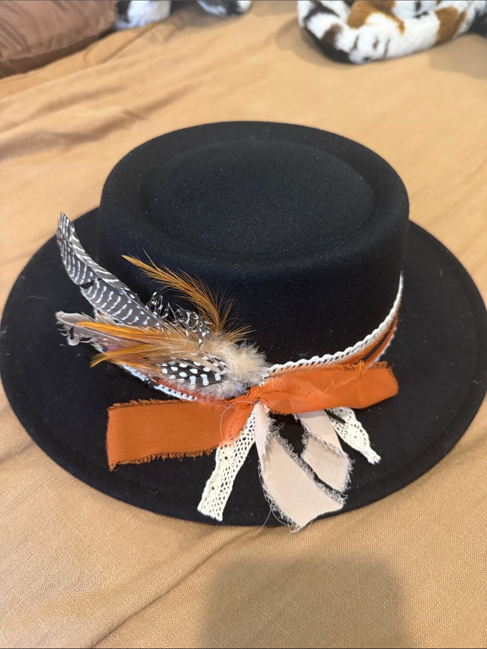 Black Wool Flat Crown Hat with Feather Accent